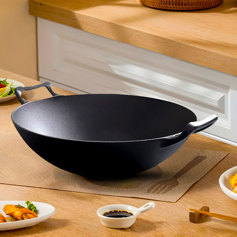 SOGA 2X 32cm Commercial Cast Iron Wok FryPan Fry Pan with Double Handle