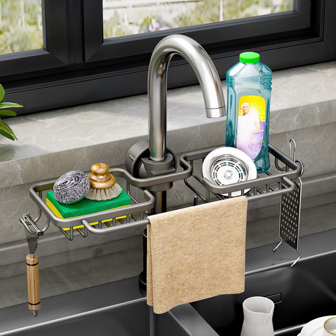 SOGA Dark Grey Kitchen Sink Organiser Faucet Soap Sponge Caddy Rack Drainer with Towel Bar Holder