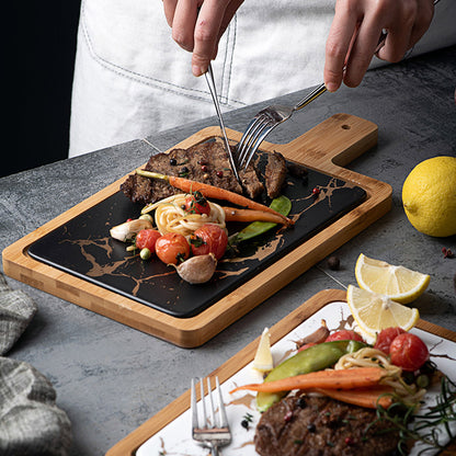 SOGA 2X 33.5cm Black Square Wooden Serving Tray Slate Steak Serving Platter Chopping Board Paddle Home Decor