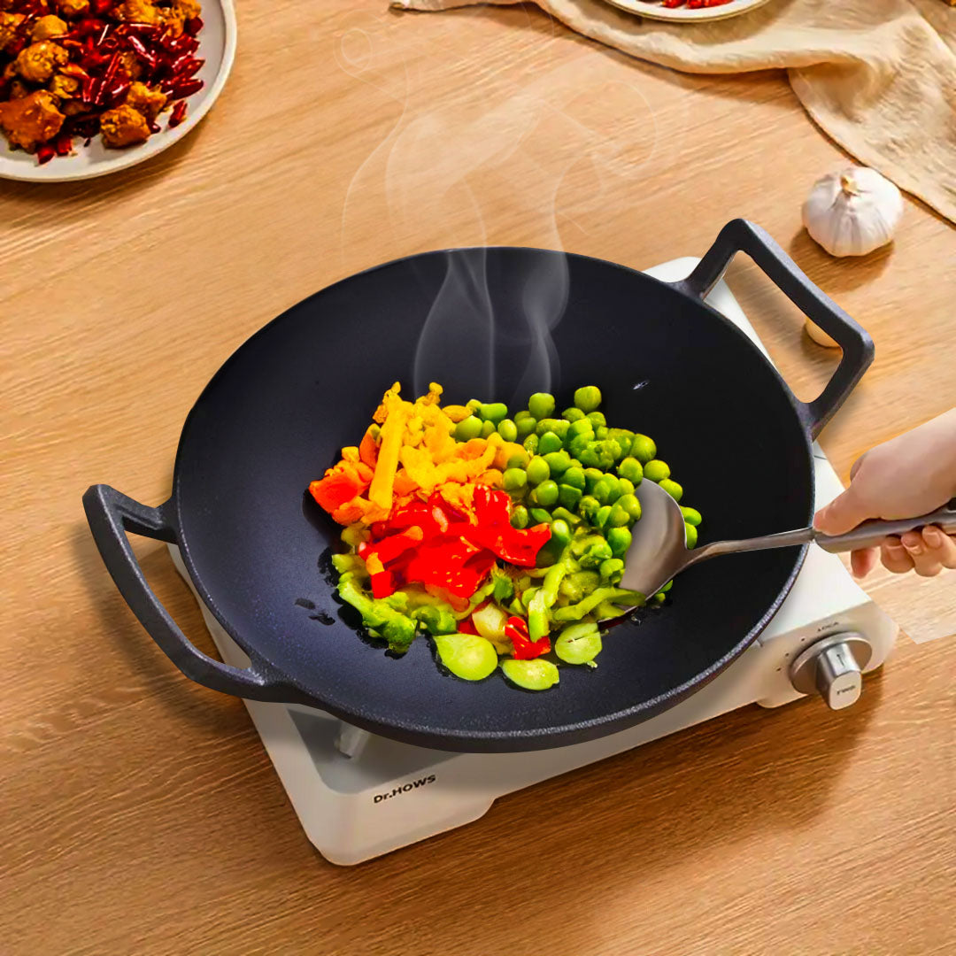 SOGA 2X 32cm Commercial Cast Iron Wok FryPan Fry Pan with Double Handle