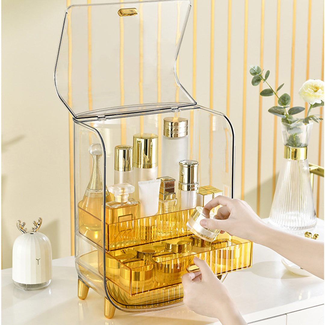 SOGA 3 Tier Golden Yellow Multifunctional Countertop Cosmetic Storage Makeup Perfume Skincare Display Stand Shelf Drawer Type Organiser