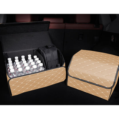 SOGA 4X Leather Car Boot Collapsible Foldable Trunk Cargo Organizer Portable Storage Box Beige/Gold Stitch Medium