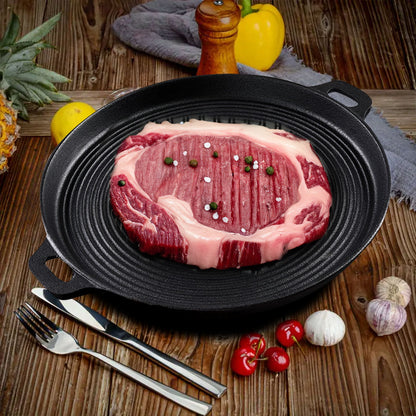 SOGA 35cm Round Ribbed Cast Iron Frying Pan Skillet Steak Sizzle Platter with Handle