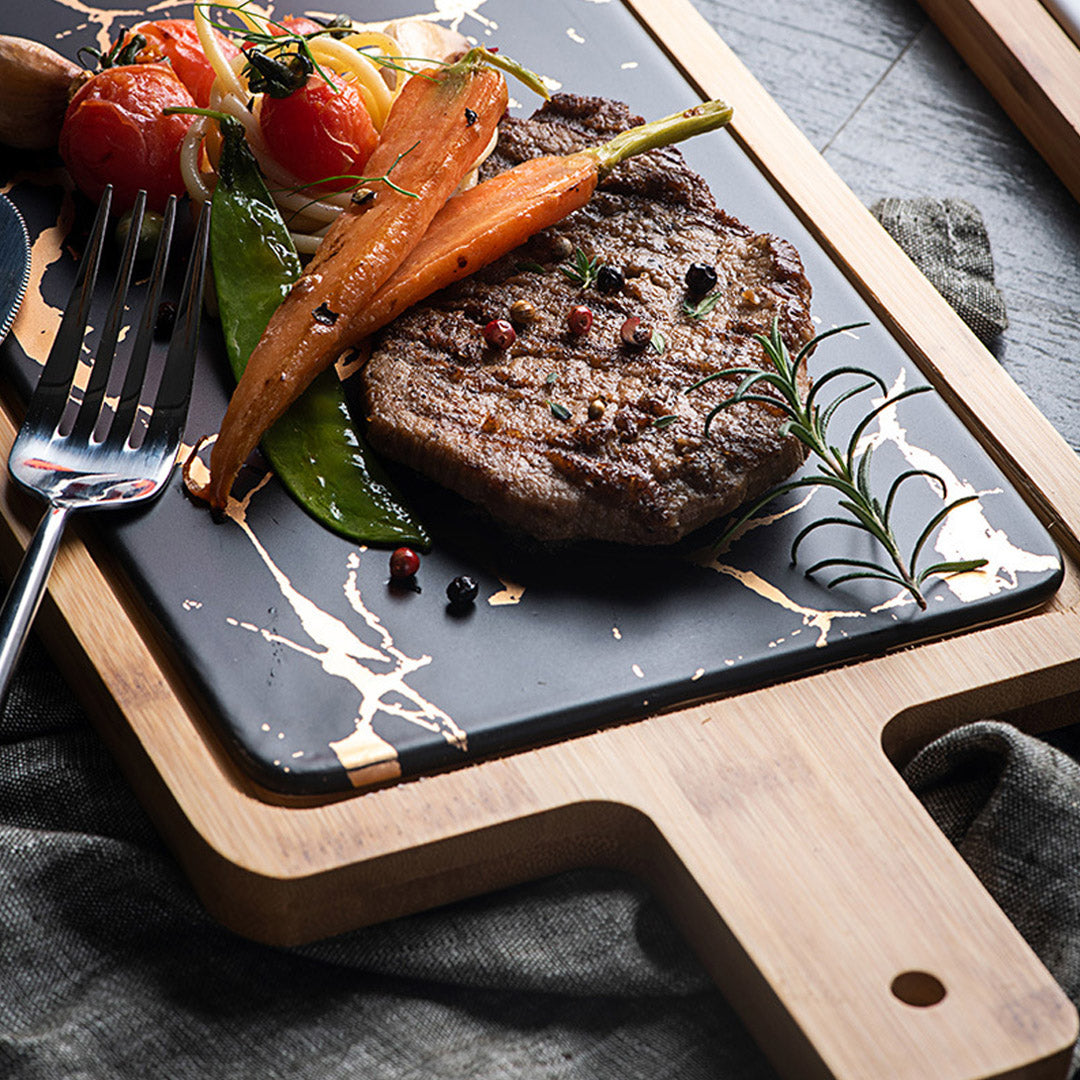 SOGA 2X 33.5cm Black Square Wooden Serving Tray Slate Steak Serving Platter Chopping Board Paddle Home Decor