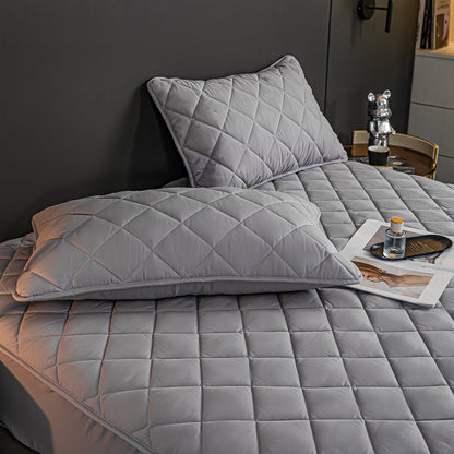 SOGA Grey 183cm Wide Cross-Hatch Mattress Cover Thick Quilted Stretchable Bed Spread Sheet Protector with Pillow Covers