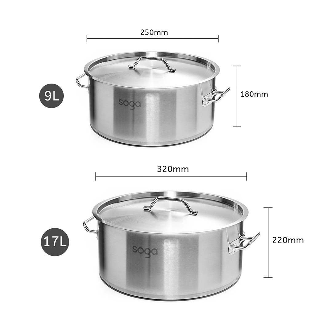 SOGA Stock Pot 9L 17L Top Grade Thick Stainless Steel Stockpot 18/10