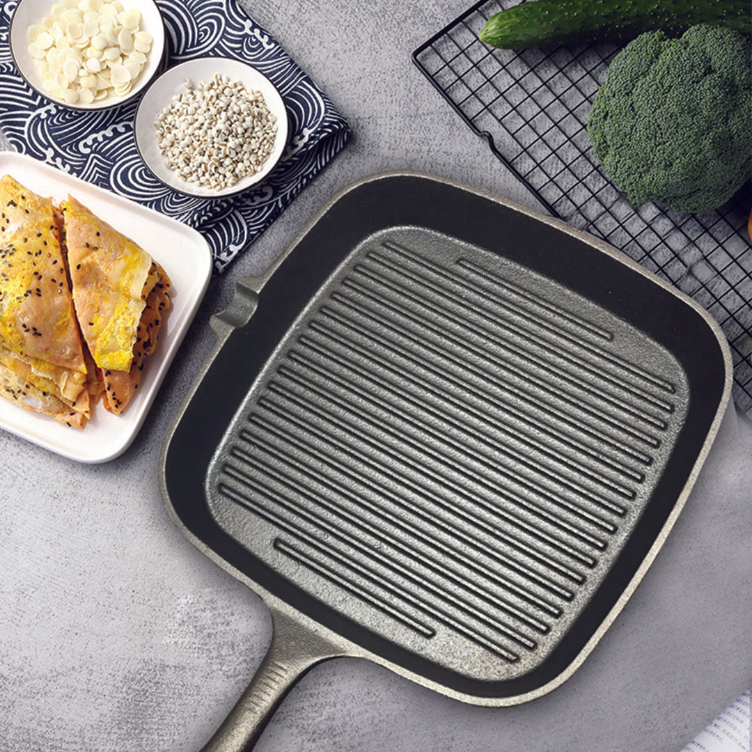 SOGA 2X 23.5cm Square Ribbed Cast Iron Frying Pan Skillet Steak Sizzle Platter with Handle