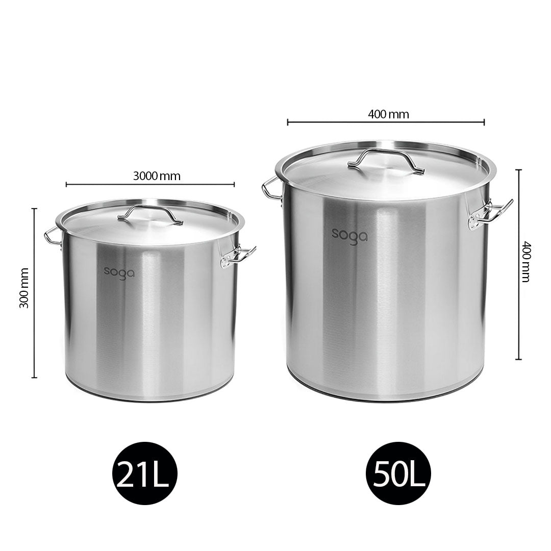 SOGA Stock Pot 21L 50L Top Grade Thick Stainless Steel Stockpot 18/10