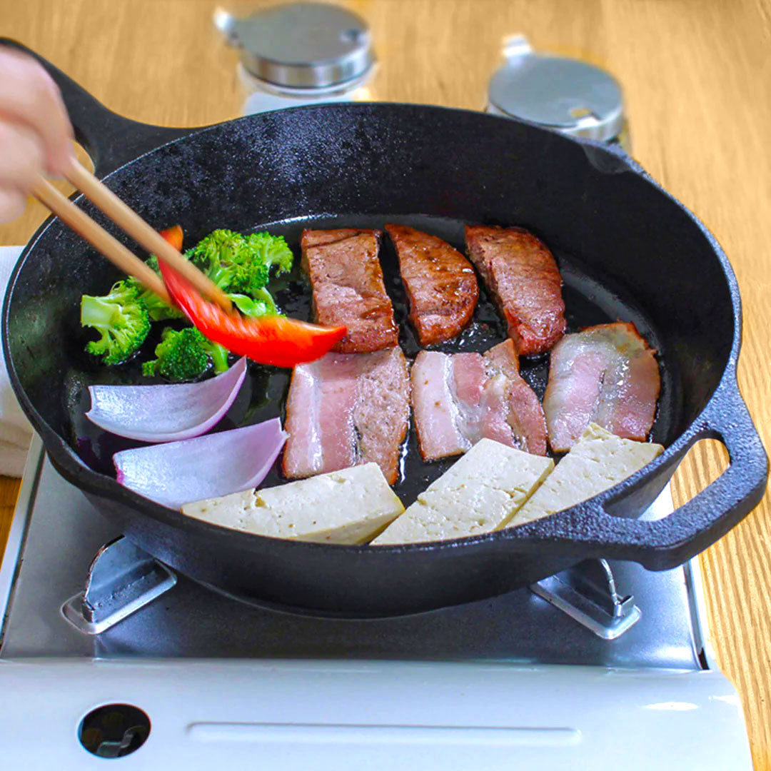 SOGA 2X 30cm Round Cast Iron Frying Pan Skillet Steak Sizzle Platter with Helper Handle