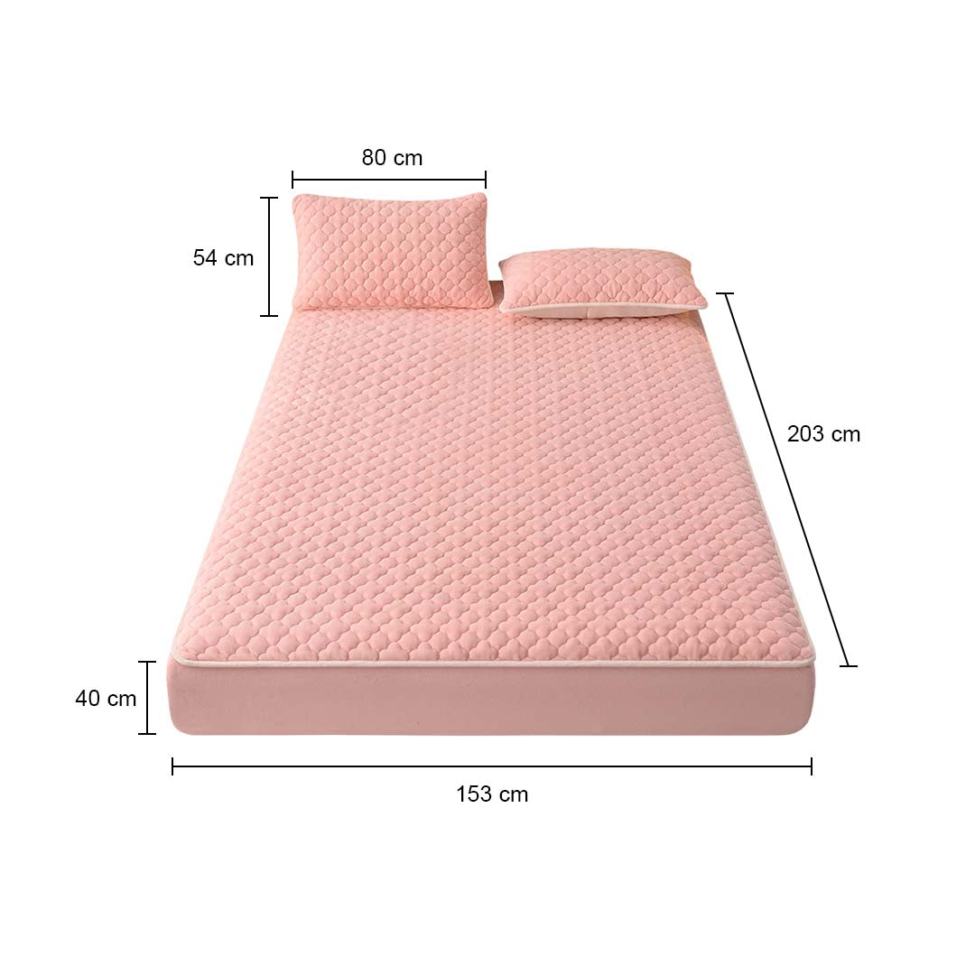 SOGA Pink 153cm Wide Mattress Cover Thick Quilted Fleece Stretchable Clover Design Bed Spread Sheet Protector with Pillow Covers