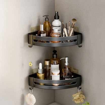 SOGA Black Wall-Mounted Triangular Bathroom Storage Corner Vanity Organiser Space Saving Adhesive Shelf Rack with Hooks