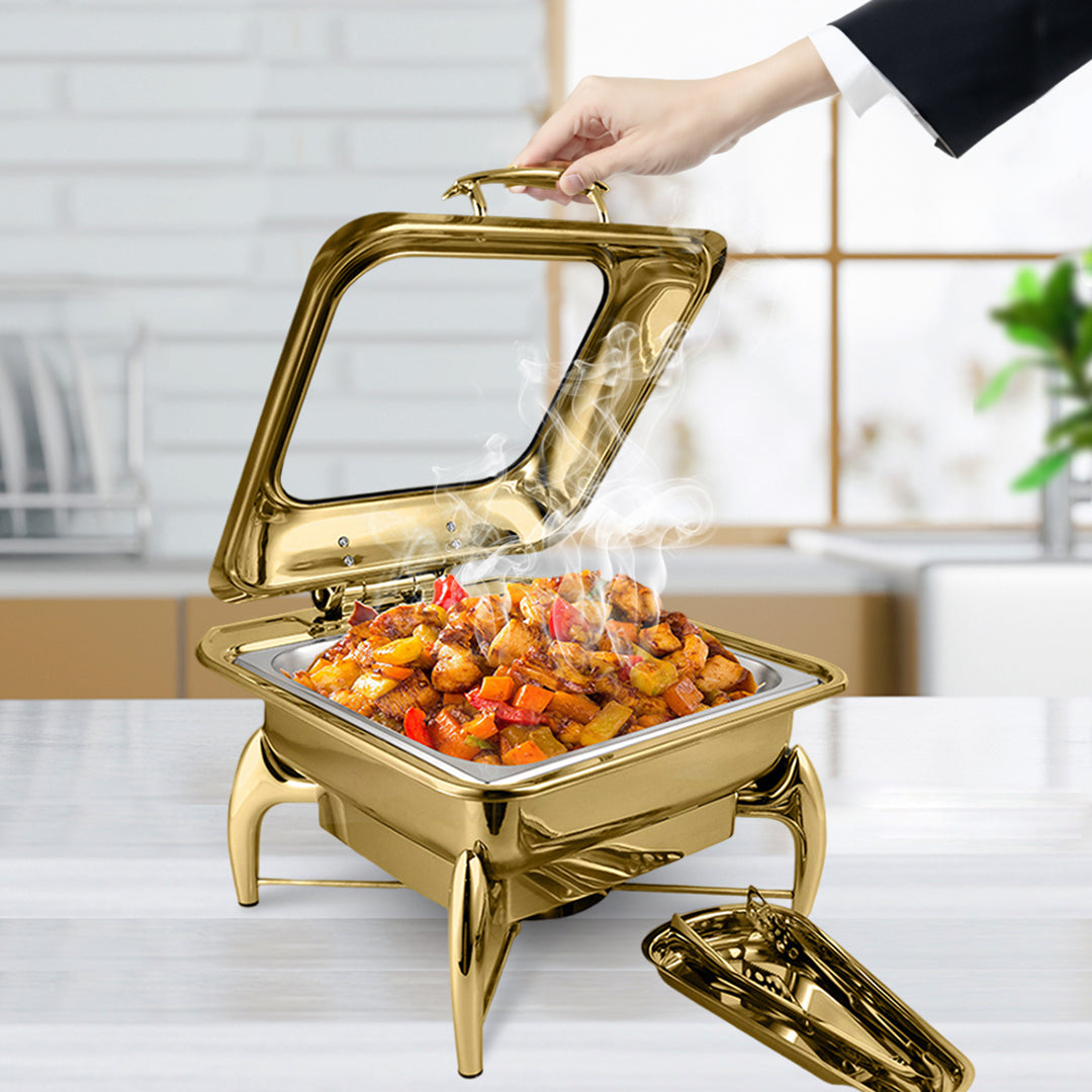 SOGA Gold Plated Stainless Steel Square Chafing Dish Tray Buffet Cater Food Warmer Chafer with Top Lid