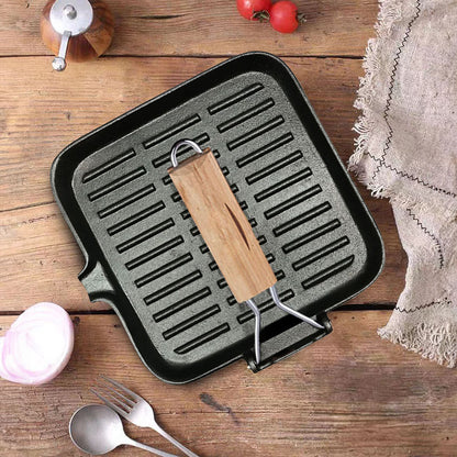 SOGA 24cm Ribbed Cast Iron Square Steak Frying Grill Skillet Pan with Folding Wooden Handle