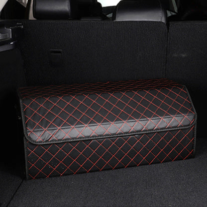 SOGA 2X Leather Car Boot Collapsible Foldable Trunk Cargo Organizer Portable Storage Box Black/Red Stitch Large