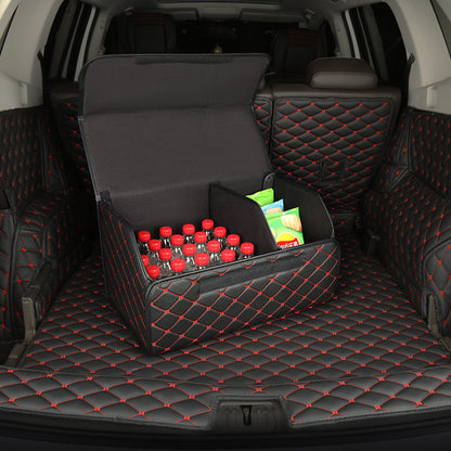 SOGA 4X Leather Car Boot Collapsible Foldable Trunk Cargo Organizer Portable Storage Box Black/Red Stitch Small