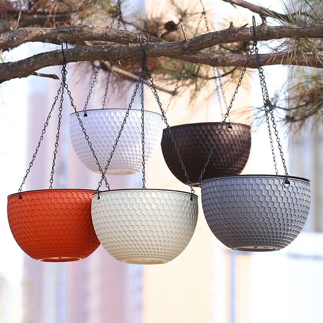 SOGA Coffee Small Hanging Resin Flower Pot Self Watering Basket Planter Outdoor Garden Decor