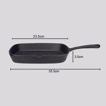 SOGA 2X 23.5cm Square Ribbed Cast Iron Frying Pan Skillet Steak Sizzle Platter with Handle