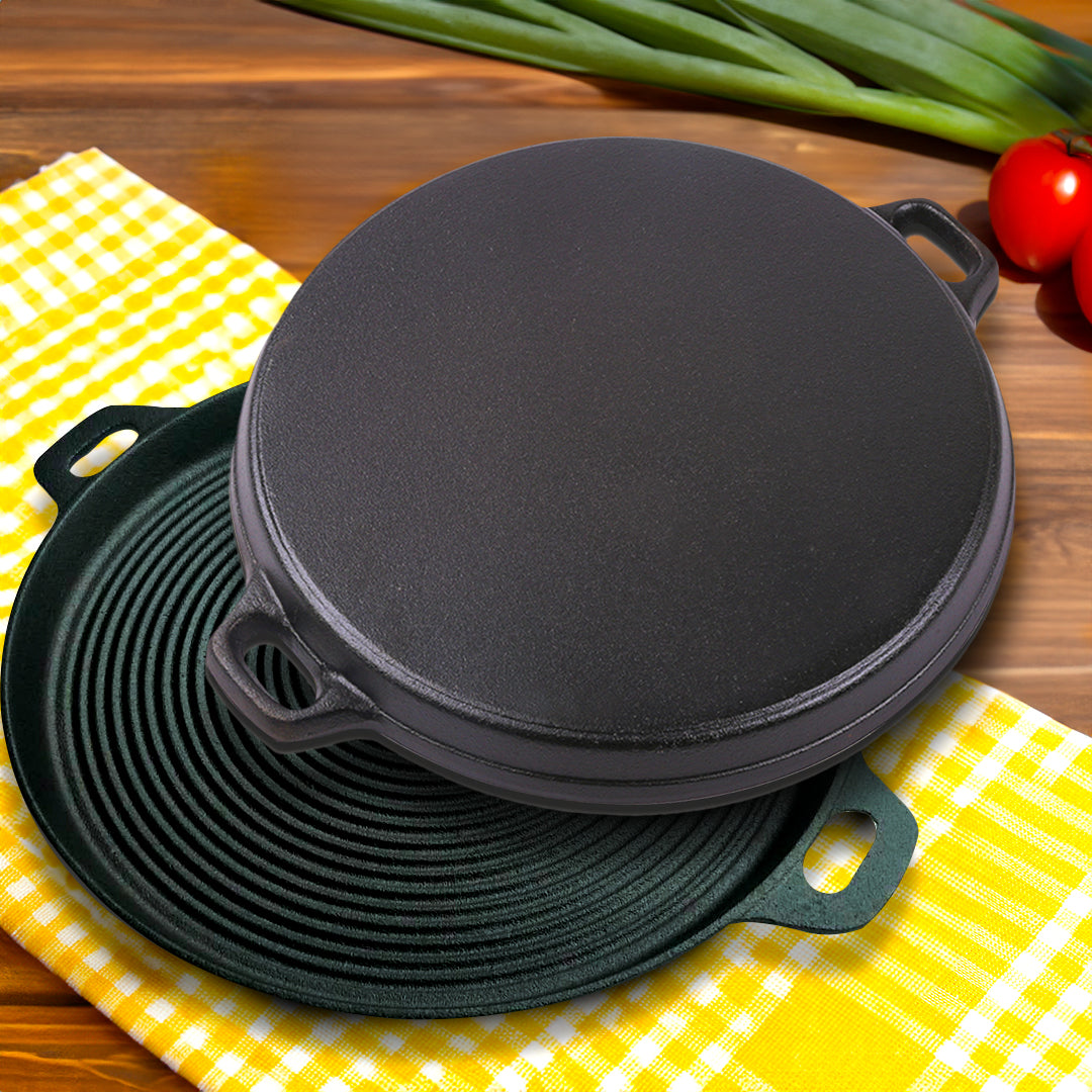 SOGA 35cm Round Ribbed Cast Iron Frying Pan Skillet Steak Sizzle Platter with Handle