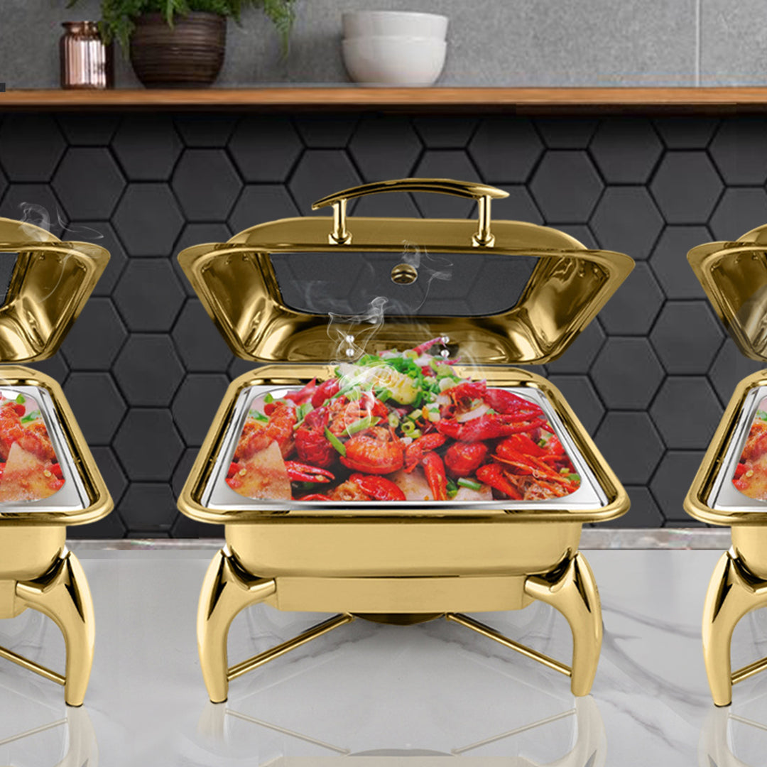 SOGA Gold Plated Stainless Steel Square Chafing Dish Tray Buffet Cater Food Warmer Chafer with Top Lid