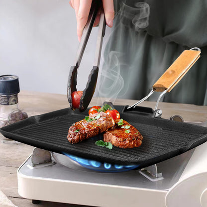 SOGA 2X 20.5cm Rectangular Cast Iron Griddle Grill Frying Pan with Folding Wooden Handle