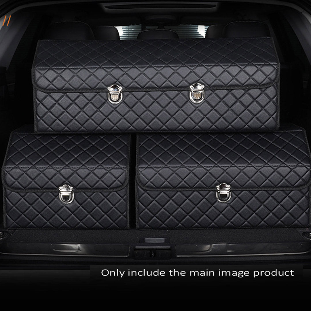 SOGA 2X Leather Car Boot Collapsible Foldable Trunk Cargo Organizer Portable Storage Box Black/White Stitch with Lock Medium