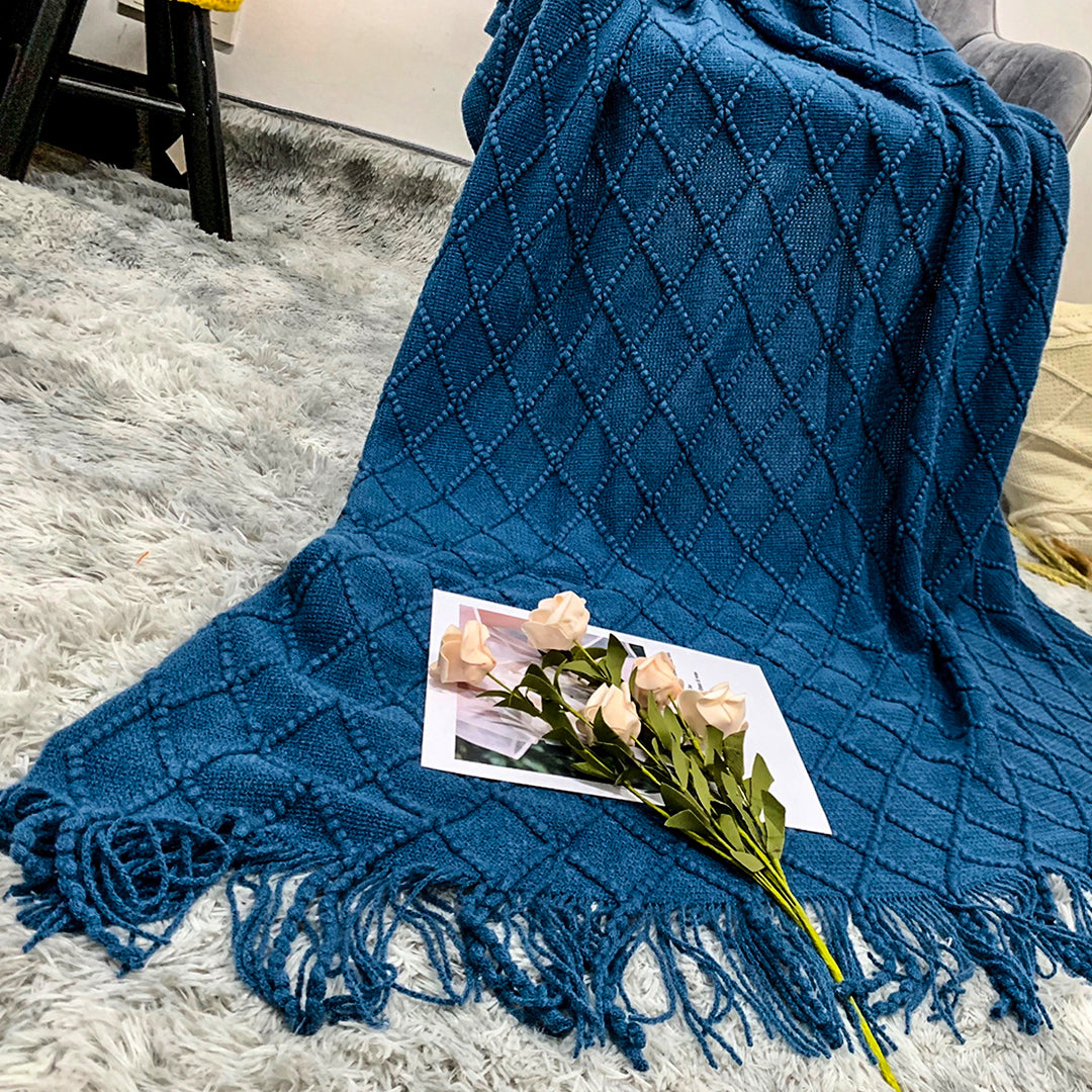 SOGA Royal 2X Blue Diamond Pattern Knitted Throw Blanket Warm Cozy Woven Cover Couch Bed Sofa Home Decor with Tassels