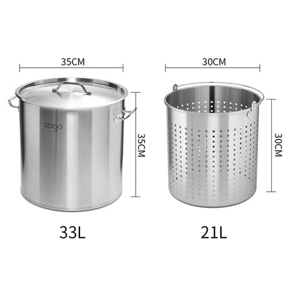 SOGA 33L 18/10 Stainless Steel Stockpot with Perforated Stock pot Basket Pasta Strainer