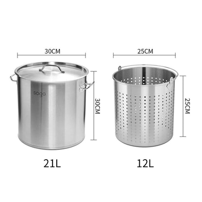 SOGA 21L 18/10 Stainless Steel Stockpot with Perforated Stock Pot Basket Pasta Strainer