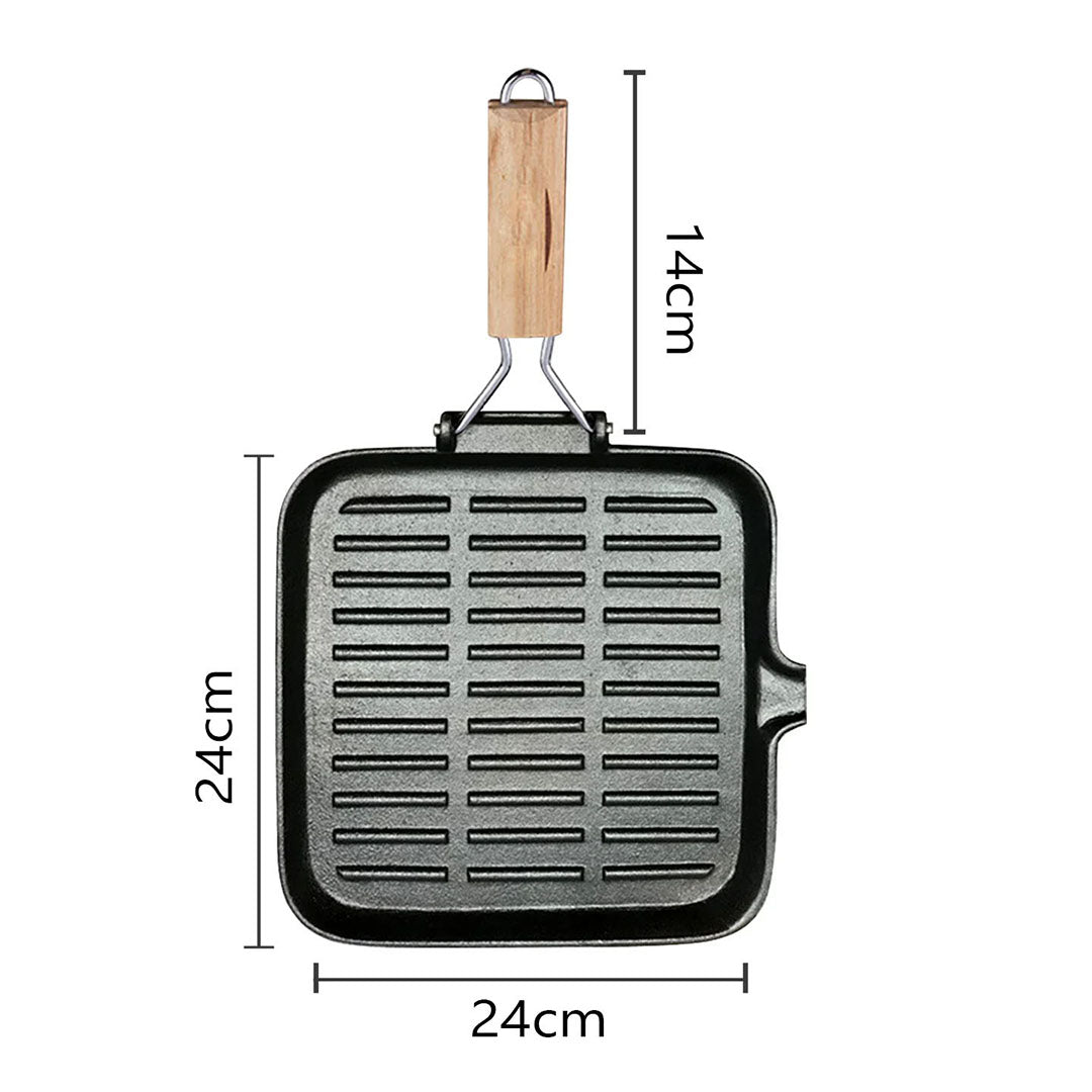 SOGA 2X 24cm Ribbed Cast Iron Square Steak Frying Grill Skillet Pan with Folding Wooden Handle