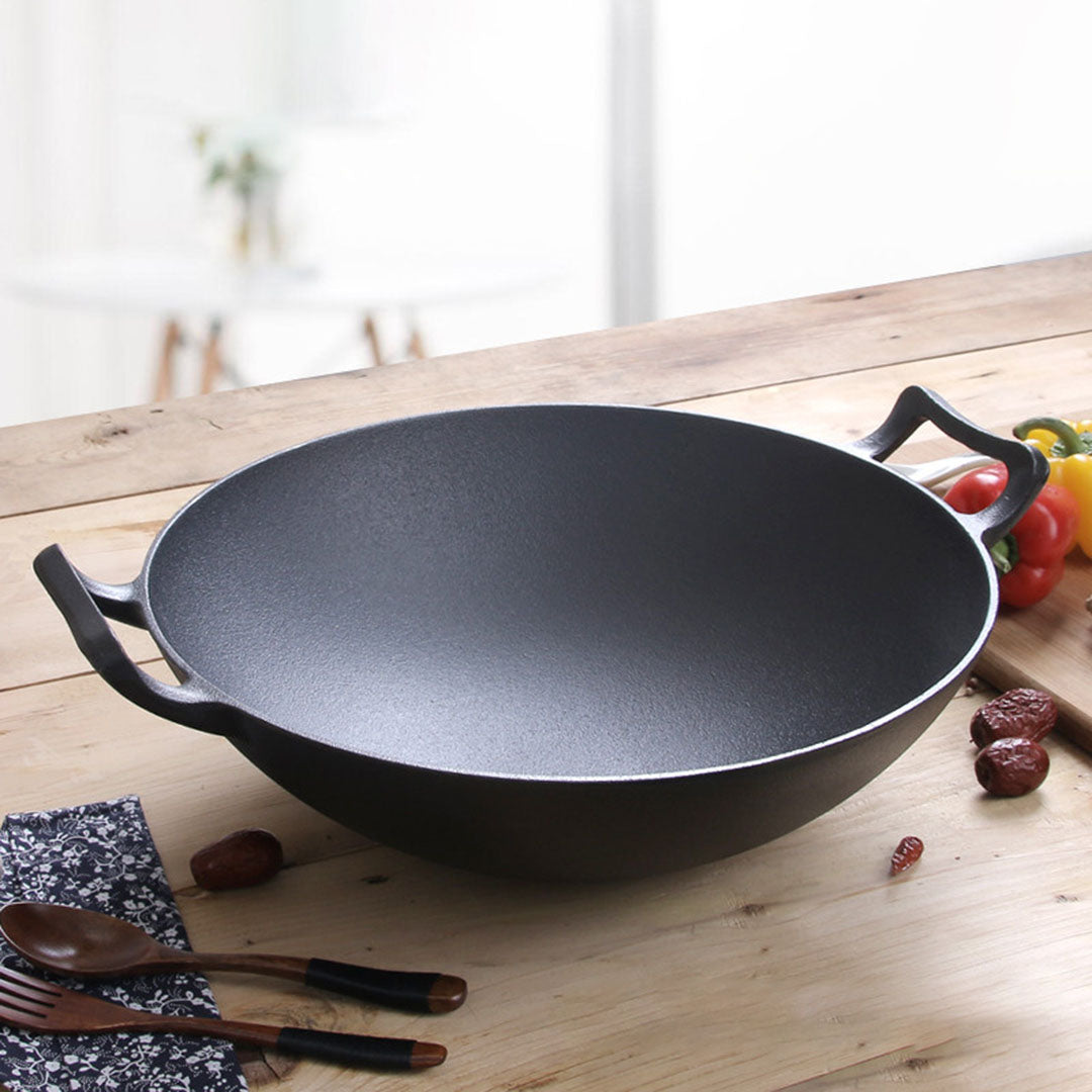 SOGA 32cm Commercial Cast Iron Wok FryPan Fry Pan with Double Handle