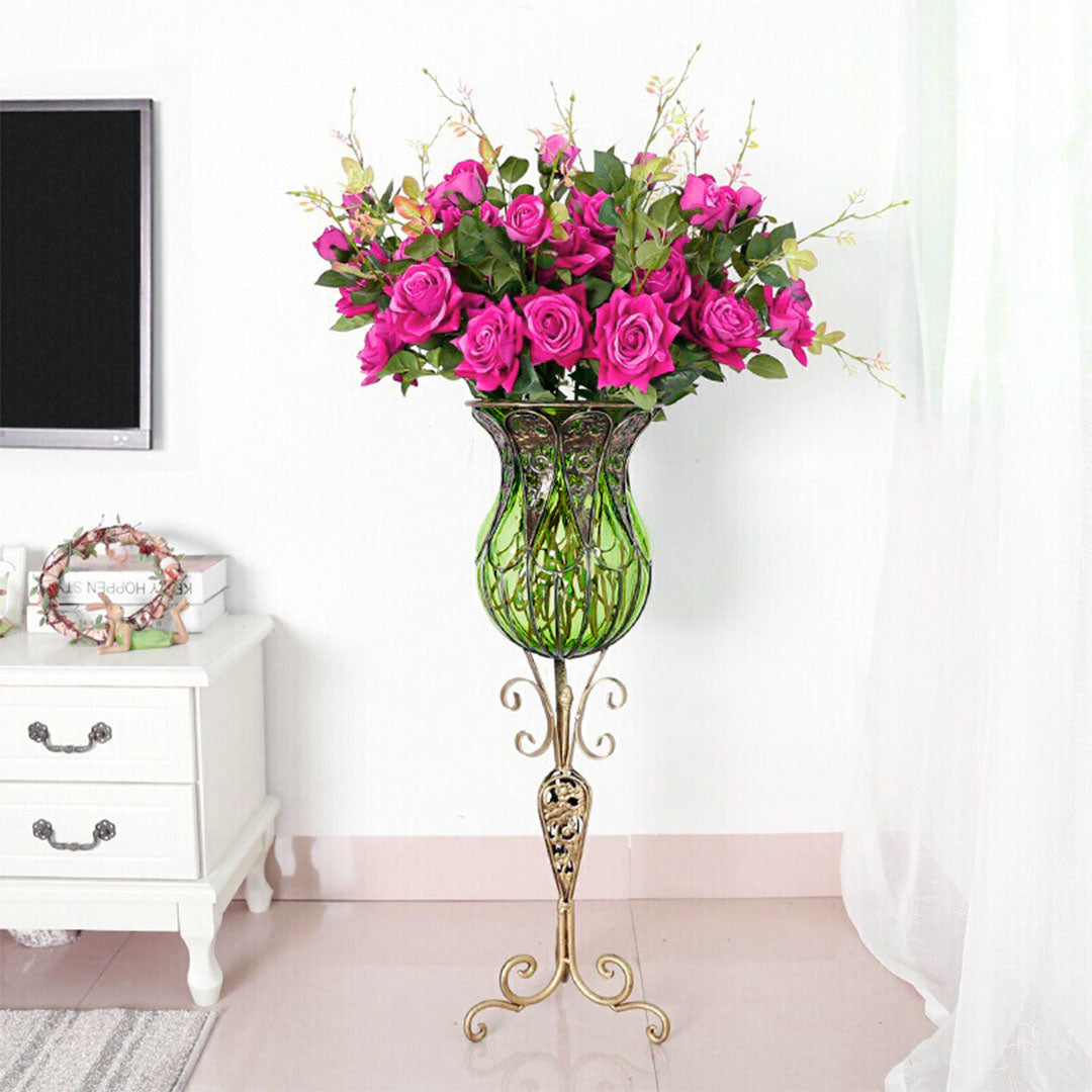 SOGA 85cm Green Glass Tall Floor Vase and 12pcs Dark Pink Artificial Fake Flower Set