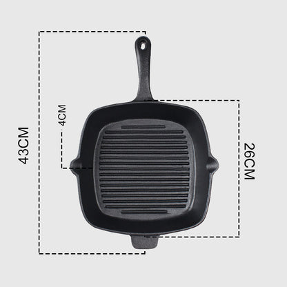 SOGA 26cm Square Ribbed Cast Iron Frying Pan Skillet Steak Sizzle Platter with Handle