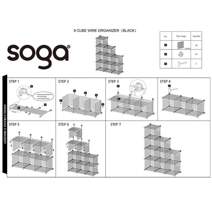 SOGA Black Portable 9-Cube 3 Column Storage Organiser Foldable DIY Modular Grid Space Saving Shelf