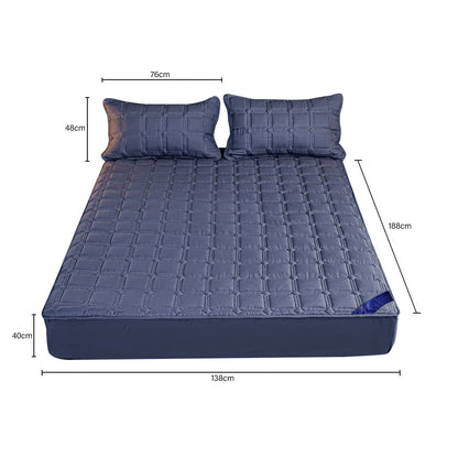 SOGA Blue 138cm Wide Cross-Hatch Mattress Cover Thick Quilted Stretchable Bed Spread Sheet Protector with Pillow Covers