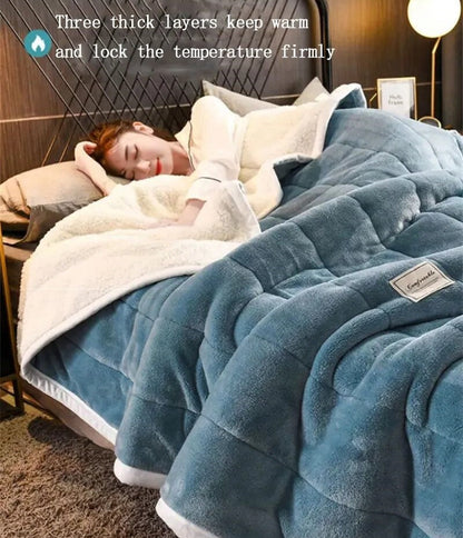 Anyhouz Blanket Light Blue Coral Fleece Autumn Winter Warm 3 Layers Thicken Flannel Soft Comfortable Warmth Quilts Washable 180x200cm