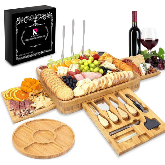 Bamboo Cheese Board and Knife Set Large Charcuterie Board Set - Unique Housewarming for Women, Wedding & for Couple, Bridal Shower Special