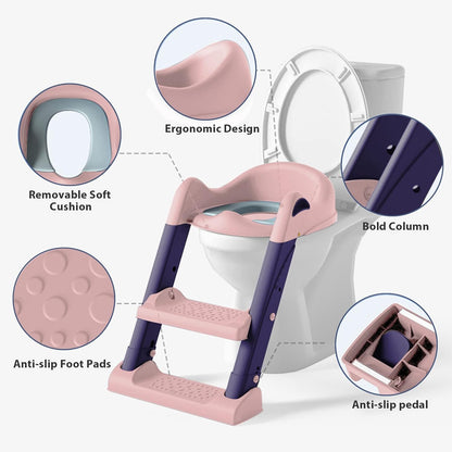 Potty Training Seat with Step Stool Ladder, USOR Potty Training Toilet for Kids Boys Girls Toddlers-Comfortable Safe Potty Seat with Anti-Slip Pads Folding Ladder (Pink)