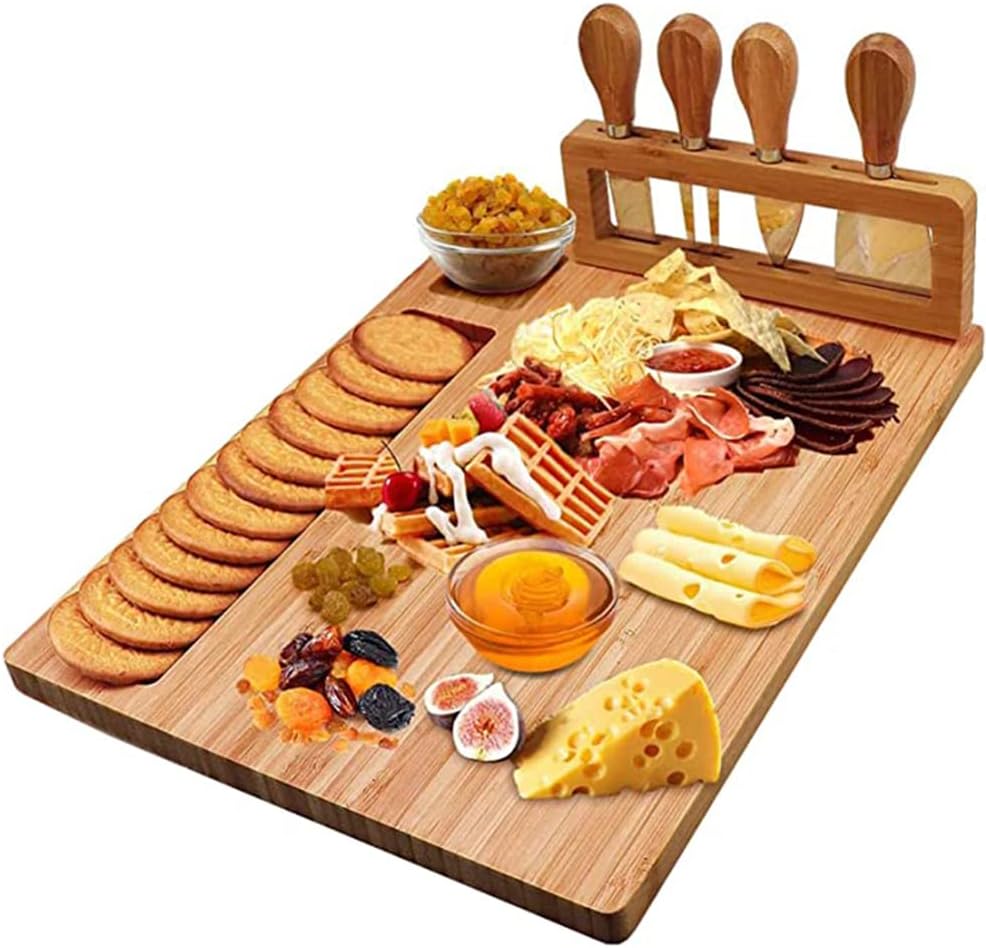 Premium Cheese Board and Knife Set - 14” x 11”Bamboo Wood Charcuterie Board Set & Cheese Board Accessories Set - Kitchen Wine & Meat Cheese Serving Platter - Unique Gifts, Housewarming, Wedding Gift