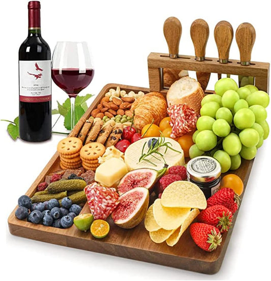 Premium Cheese Board and Knife Set - 14” x 11”Bamboo Wood Charcuterie Board Set & Cheese Board Accessories Set - Kitchen Wine & Meat Cheese Serving Platter - Unique Gifts, Housewarming, Wedding Gift