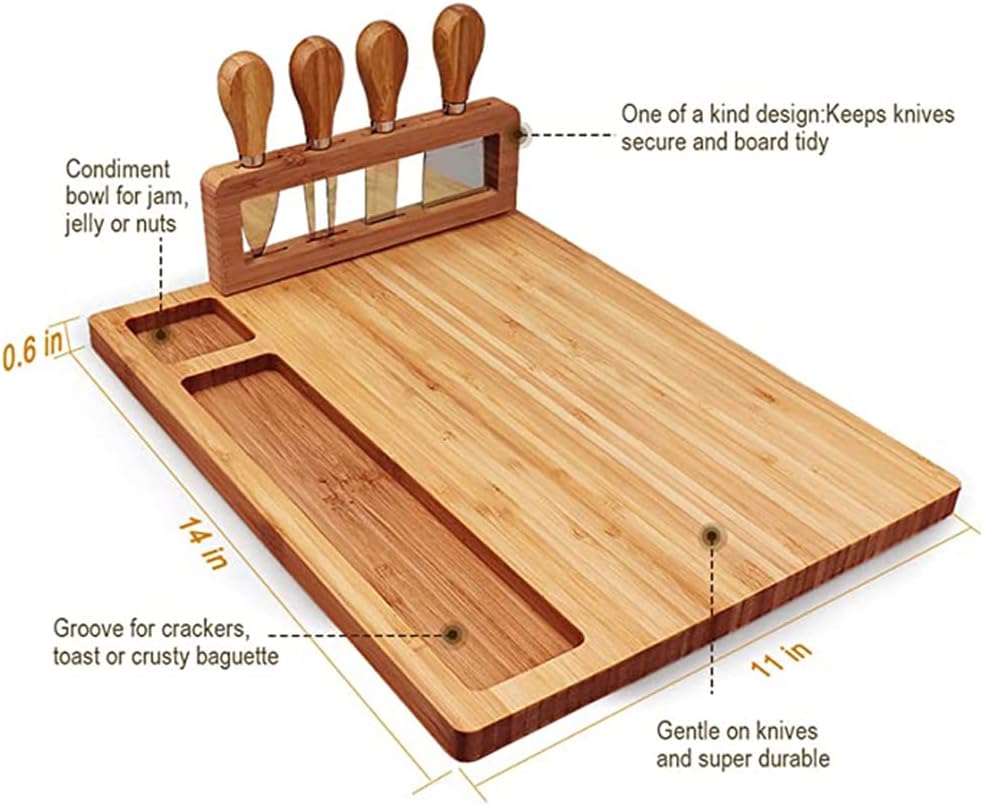 Premium Cheese Board and Knife Set - 14” x 11”Bamboo Wood Charcuterie Board Set & Cheese Board Accessories Set - Kitchen Wine & Meat Cheese Serving Platter - Unique Gifts, Housewarming, Wedding Gift