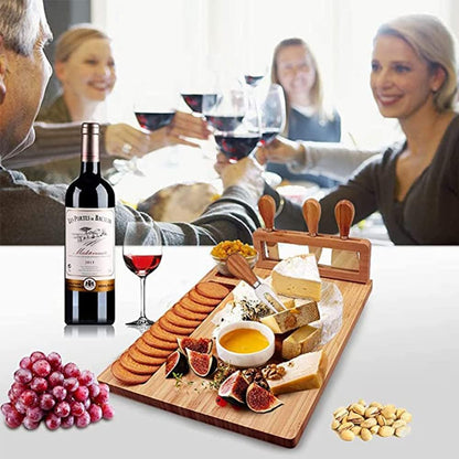 Premium Cheese Board and Knife Set - 14” x 11”Bamboo Wood Charcuterie Board Set & Cheese Board Accessories Set - Kitchen Wine & Meat Cheese Serving Platter - Unique Gifts, Housewarming, Wedding Gift