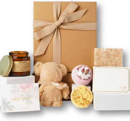 Luxury gifts for women with a Love Bath bomb, scented Candle, Shower steamer, a cute towel teddy, an organic oatmeal soap, and a Greeting card. great for Birthday, New year, or any occasion