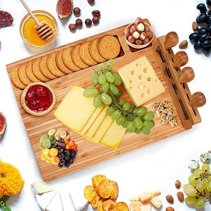 Premium Cheese Board and Knife Set - 14” x 11”Bamboo Wood Charcuterie Board Set & Cheese Board Accessories Set - Kitchen Wine & Meat Cheese Serving Platter - Unique Gifts, Housewarming, Wedding Gift