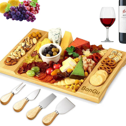 Premium Cheese Board and Knife Set - 14” x 11”Bamboo Wood Charcuterie Board Set & Cheese Board Accessories Set - Kitchen Wine & Meat Cheese Serving Platter - Unique Gifts, Housewarming, Wedding Gift