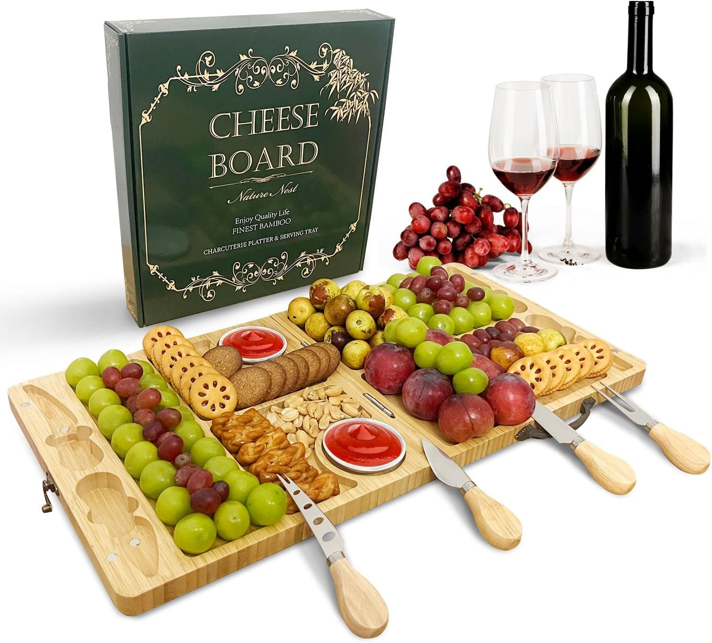 Bamboo Cheese Board with Knife Forks Gifts Set, Portable Foldable Design Charcuterie Board Platter Serving Tray Perfect as Housewarming Wedding Anniversary Birthday Christmas for Wife Mum