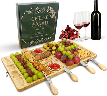 Bamboo Cheese Board with Knife Forks Gifts Set, Portable Foldable Design Charcuterie Board Platter Serving Tray Perfect as Housewarming Wedding Anniversary Birthday Christmas for Wife Mum