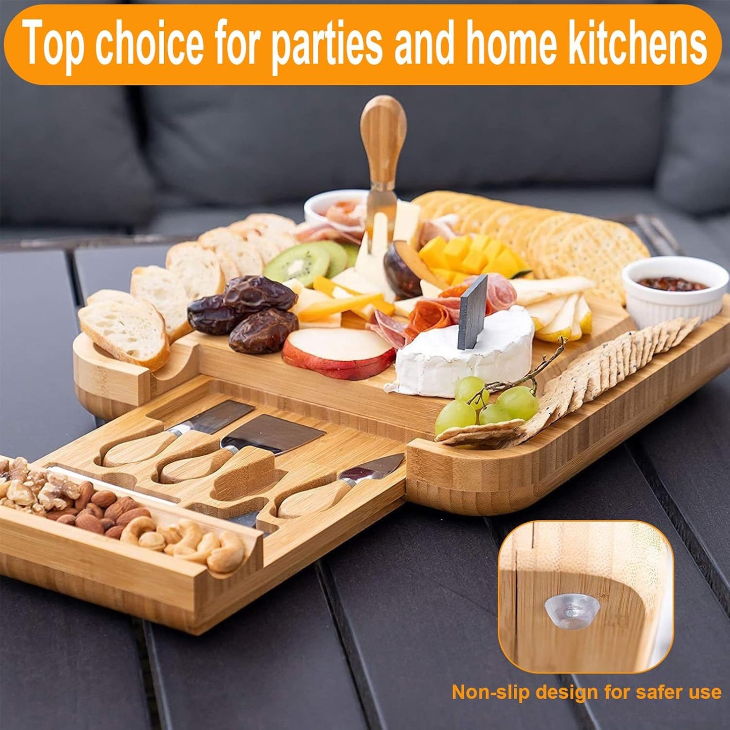 Premium Cheese Board and Knife Set - 14” x 11”Bamboo Wood Charcuterie Board Set & Cheese Board Accessories Set - Kitchen Wine & Meat Cheese Serving Platter - Unique Gifts, Housewarming, Wedding Gift