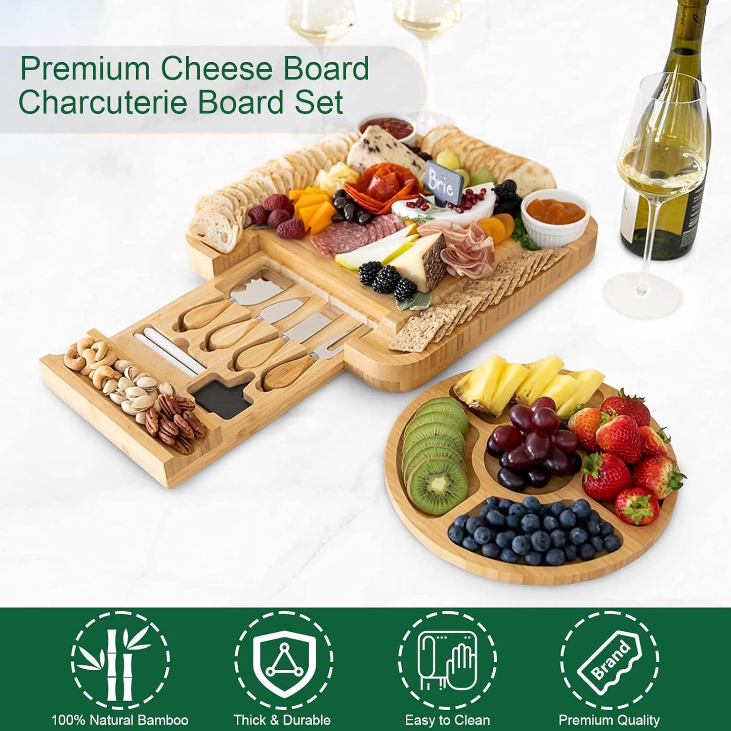 Premium Cheese Board and Knife Set - 14” x 11”Bamboo Wood Charcuterie Board Set & Cheese Board Accessories Set - Kitchen Wine & Meat Cheese Serving Platter - Unique Gifts, Housewarming, Wedding Gift