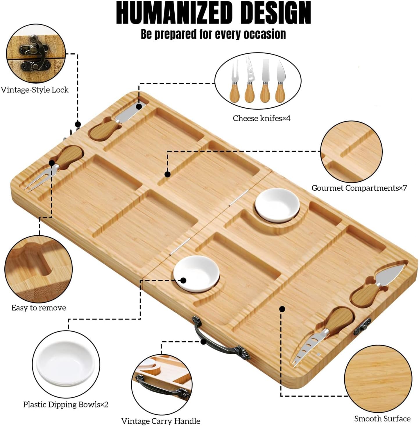 Bamboo Cheese Board with Knife Forks Gifts Set, Portable Foldable Design Charcuterie Board Platter Serving Tray Perfect as Housewarming Wedding Anniversary Birthday Christmas for Wife Mum