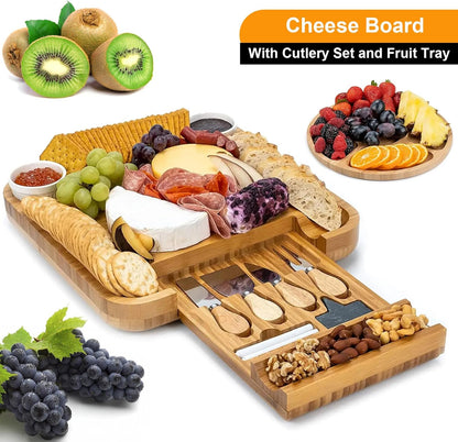 Premium Cheese Board and Knife Set - 14” x 11”Bamboo Wood Charcuterie Board Set & Cheese Board Accessories Set - Kitchen Wine & Meat Cheese Serving Platter - Unique Gifts, Housewarming, Wedding Gift